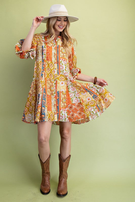 Patchwork Print Mini Shirt Dress