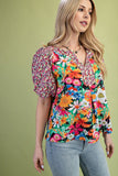 Gauzy Mixed Floral Print Puff Sleeve Blouse - Pink/Green