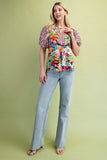 Gauzy Mixed Floral Print Puff Sleeve Blouse - Pink/Green