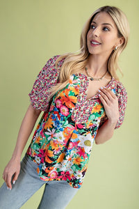 Gauzy Mixed Floral Print Puff Sleeve Blouse - Pink/Green