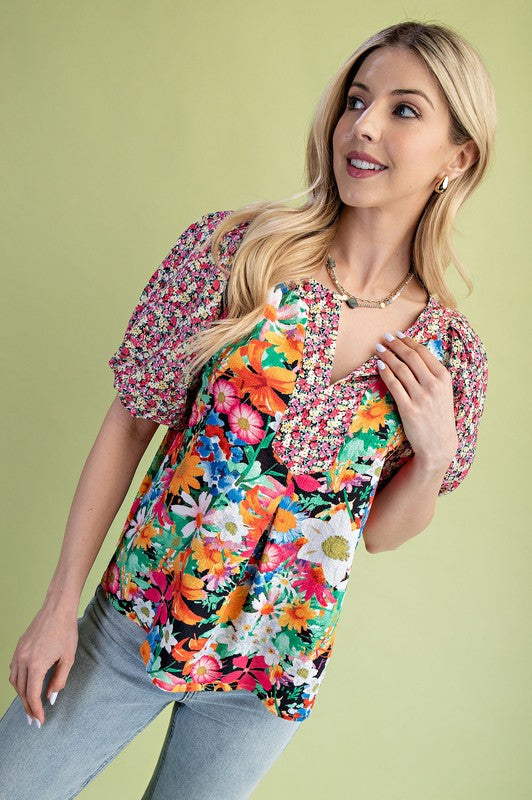 Gauzy Mixed Floral Print Puff Sleeve Blouse - Pink/Green