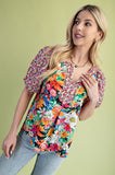 Gauzy Mixed Floral Print Puff Sleeve Blouse - Pink/Green