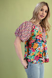 Gauzy Mixed Floral Print Puff Sleeve Blouse - Pink/Green