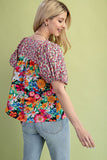 Gauzy Mixed Floral Print Puff Sleeve Blouse - Pink/Green