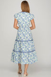 Cap Sleeve  Poplin Tiered Dreess with Contrast Trim -  Floral Blue
