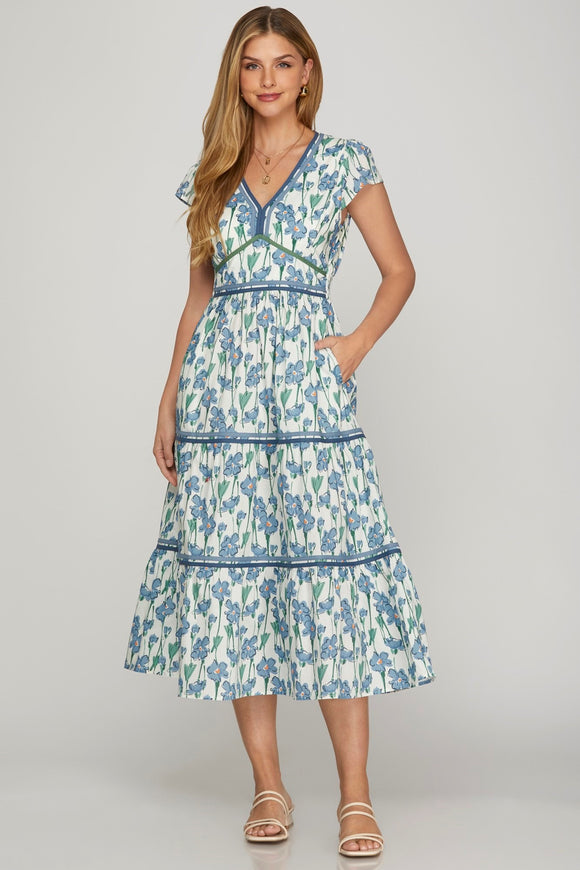 Cap Sleeve  Poplin Tiered Dreess with Contrast Trim -  Floral Blue