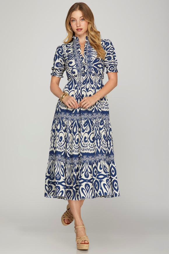 Frill Mock Neck Tiered Midi Dress - Navy/White