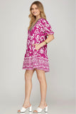 Crochet V-Neck Mini Dress - Abstract Fuchsia