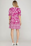 Crochet V-Neck Mini Dress - Abstract Fuchsia