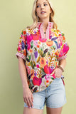 Mock-Neck Top with Contrasting Stripe and Trim - Floral Fuchsia/Cream