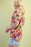 Mock-Neck Top with Contrasting Stripe and Trim - Floral Fuchsia/Cream