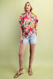 Mock-Neck Top with Contrasting Stripe and Trim - Floral Fuchsia/Cream
