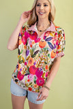 Mock-Neck Top with Contrasting Stripe and Trim - Floral Fuchsia/Cream