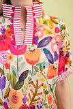 Mock-Neck Top with Contrasting Stripe and Trim - Floral Fuchsia/Cream