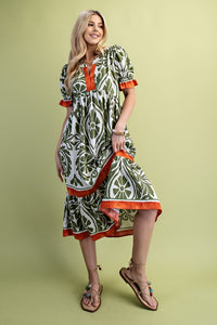Colorblock Puff Sleeve Midi Dress