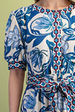 Tie Waist Floral Midi Dress - Blue Mix