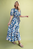 Tie Waist Floral Midi Dress - Blue Mix