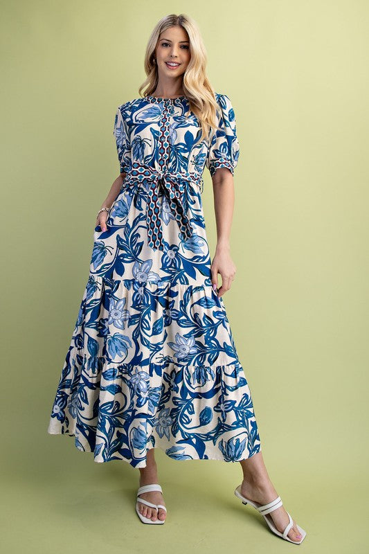 Tie Waist Floral Midi Dress - Blue Mix