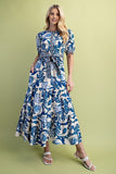 Tie Waist Floral Midi Dress - Blue Mix