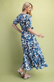Tie Waist Floral Midi Dress - Blue Mix