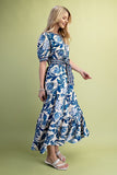 Tie Waist Floral Midi Dress - Blue Mix