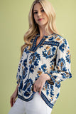 Floral Fall Print 3/4 Length Sleeve Tassel Blouse
