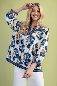 Floral Fall Print 3/4 Length Sleeve Tassel Blouse
