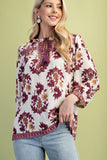 Floral Fall Print 3/4 Length Sleeve Tassel Blouse
