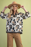Floral Fall Print 3/4 Length Sleeve Tassel Blouse