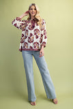 Floral Fall Print 3/4 Length Sleeve Tassel Blouse