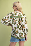 Floral Fall Print 3/4 Length Sleeve Tassel Blouse