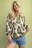 Floral Fall Print 3/4 Length Sleeve Tassel Blouse
