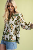 Floral Fall Print 3/4 Length Sleeve Tassel Blouse