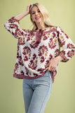 Floral Fall Print 3/4 Length Sleeve Tassel Blouse
