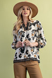 Floral Fall Print 3/4 Length Sleeve Tassel Blouse