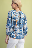 3/4 Sleeve V-Neck Blouse with Ric-Rac Trim