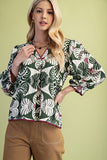 3/4 Sleeve V-Neck Blouse with Ric-Rac Trim