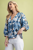 3/4 Sleeve V-Neck Blouse with Ric-Rac Trim