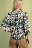 3/4 Sleeve V-Neck Blouse with Ric-Rac Trim