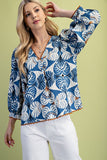 3/4 Sleeve V-Neck Blouse with Ric-Rac Trim
