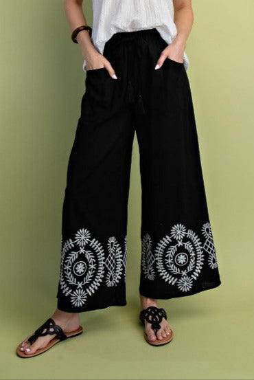 Embroidered Hem Wide Leg Pants - Black