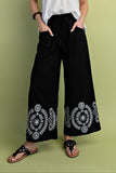 Embroidered Hem Wide Leg Pants - Black