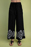 Embroidered Hem Wide Leg Pants - Black
