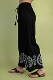 Embroidered Hem Wide Leg Pants - Black