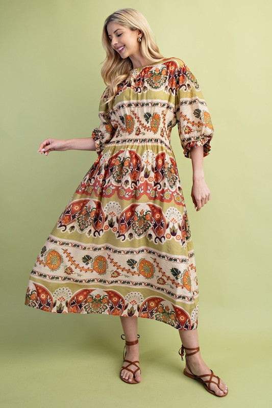 Smocked Waist Balloon Sleeve Midi Dress