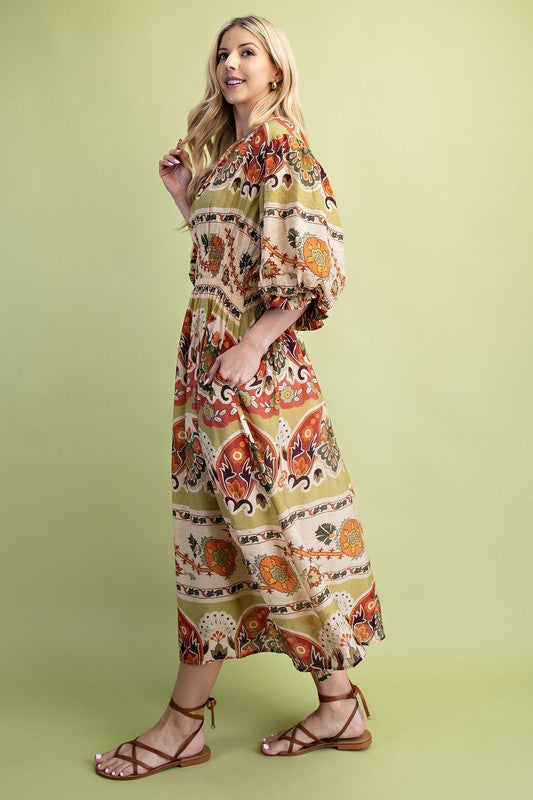 Smocked Waist Balloon Sleeve Midi Dress