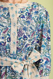 Floral Print Tiered Half Button Midi Dress - Cobalt/Cream