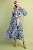 Floral Print Tiered Half Button Midi Dress - Cobalt/Cream