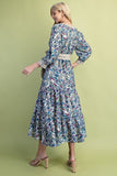 Floral Print Tiered Half Button Midi Dress - Cobalt/Cream