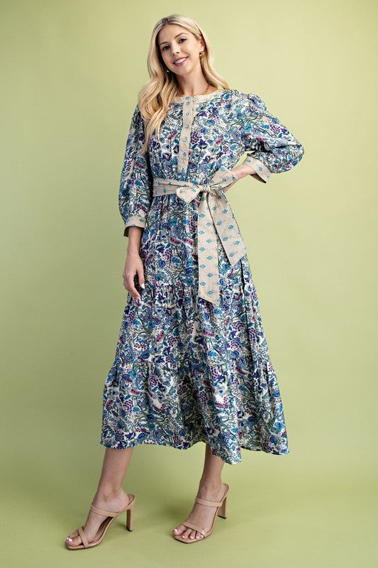 Floral Print Tiered Half Button Midi Dress - Cobalt/Cream